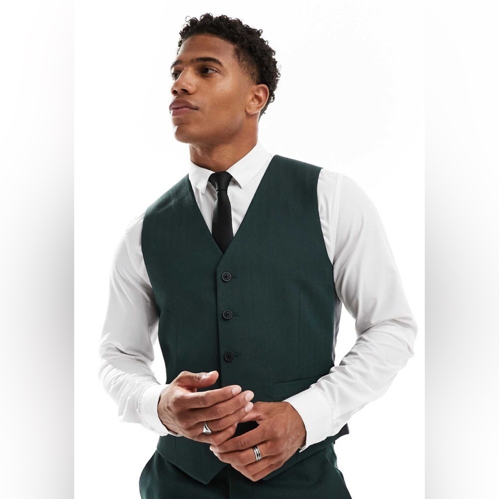 ASOS Design Wedding Skinny Waistcoat in Forest Green Micro Texture 38”